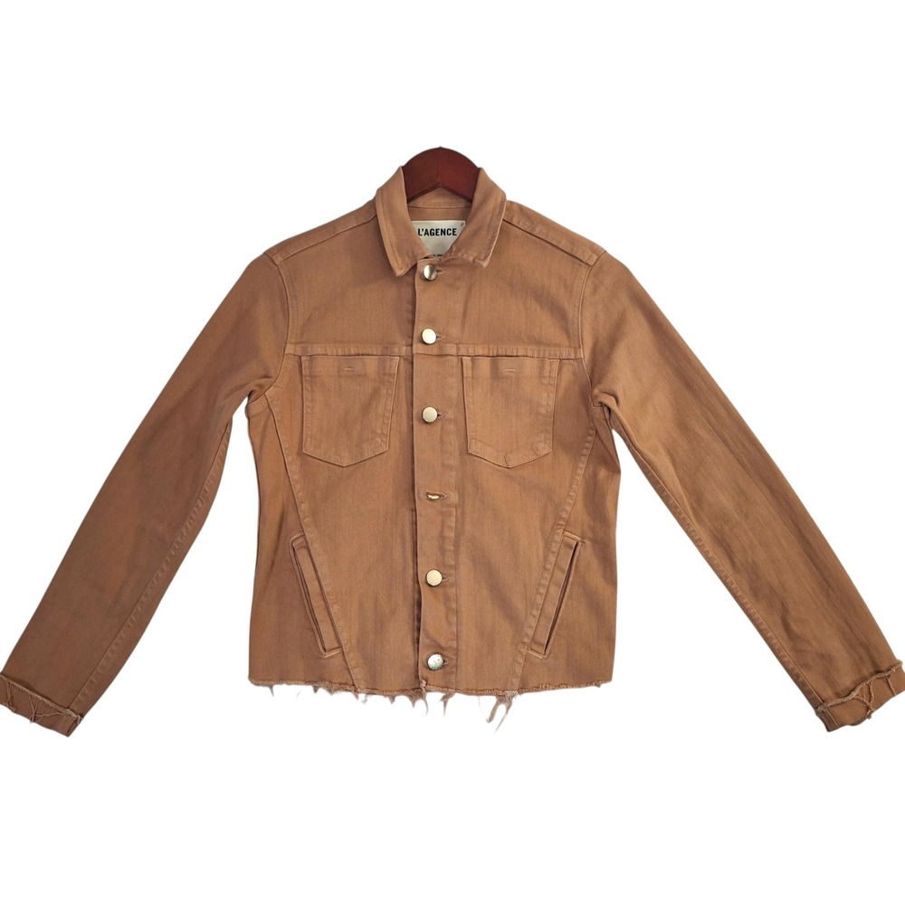 L'AGENCE Janelle Slim Jean Jacket Small Camel Raw Hem Brown